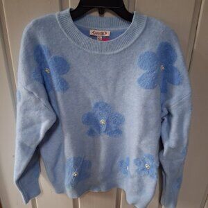 Nanette Lepore Women's Light Blue Flower with Pearls Crew Neck Sweater NWT Sz L